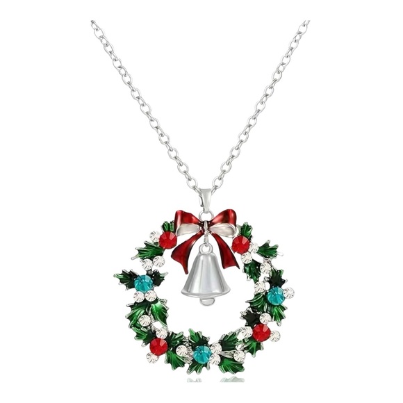 🌼 Christmas Necklace Wreath with Bell Charm Gold or Silver Tone - Picture 4 of 5
